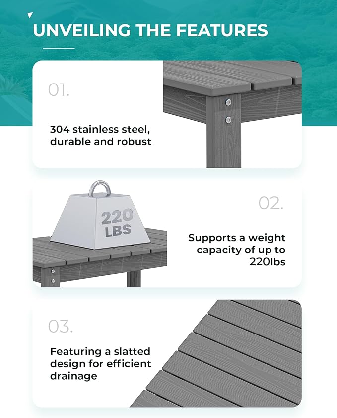 SERWALL Patio Coffee Table, HDPE Rectangle Outdoor Coffee Table Set of 2, Grey-Ruum Studio Home