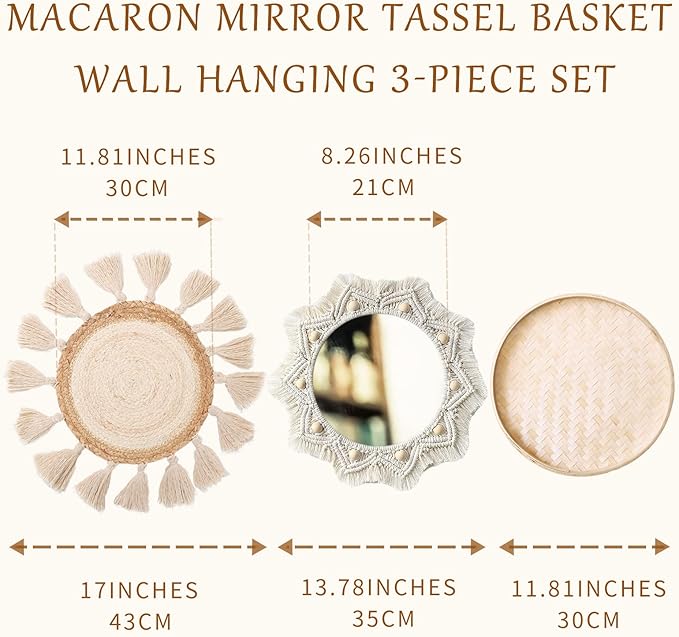 Boho Wall Basket Decor Set - Flat Woven Macrame Tapestry, Mirror White Round Tassels, Handmade Rattan Wicker Seagrass Wall Basket-Ruum Studio Home
