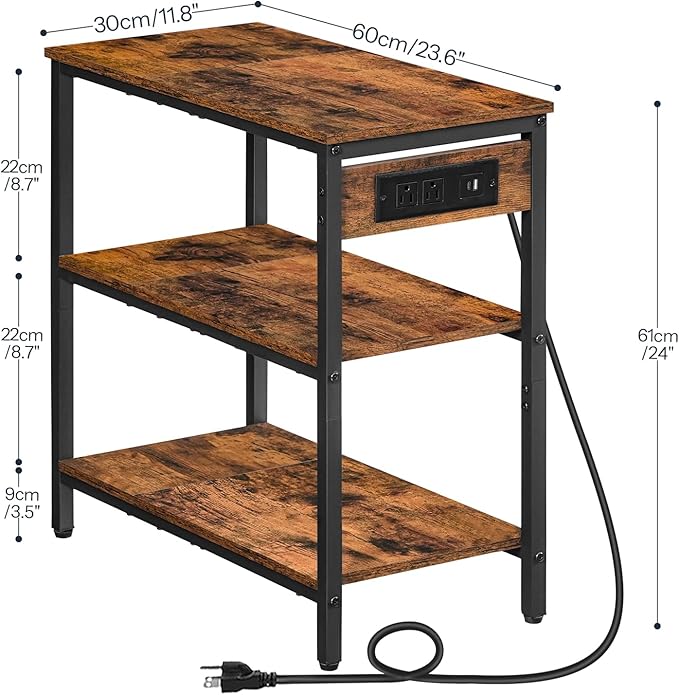 HOOBRO End Table with Charging Station, Simple Rustic Side Table with 3-Tier Storage Shelf, Narrow Nightstand for Small Spaces, for Living Room, Industrial Design, Rustic Brown and Black BF149UBZ01-Ruum Studio Home