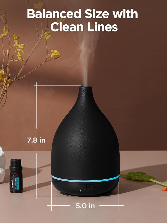 InnoGear Oil Diffuser, 300ML Ceramic Diffuser for Essential Oils Handcrafted Aromatherapy Diffuser Ultrasonic Cool Mist Humidifier with 4 Timers Waterless Auto Off for Room Office, Black-Ruum Studio Home