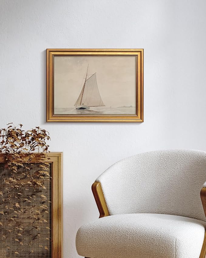 HUARCEY Gold Framed Vintage Wall Art for Living Room, Seaview Painting Prints Shelf Decor for Kitchen, Aesthetic Bedroom Wall Art, Christmas Gifts for Friends or Family (White Sailboat - 12"x16")-Ruum Studio Home