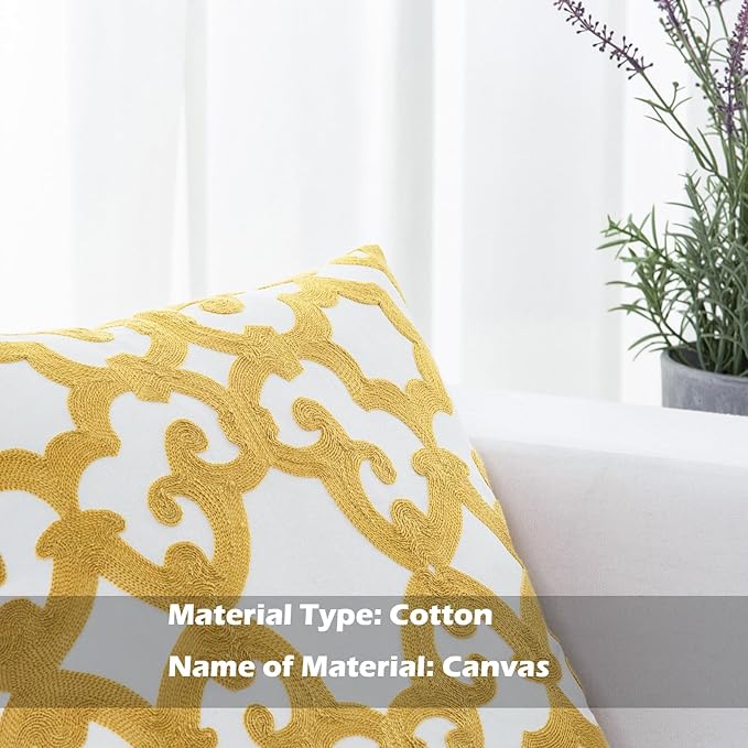 HWY 50 Mustard Yellow Decorative Throw Pillow Covers 18x18 Inch (1 Piece), Embroidered Cotton Farmhouse Cushion Cover Pillow Case for Sofa Couch Living Room Bed, Geometric-Ruum Studio Home