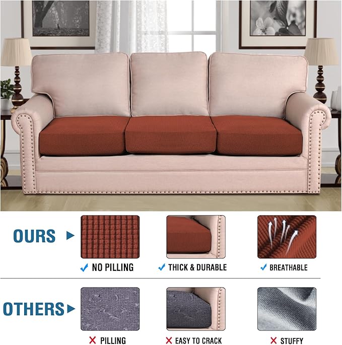 H.VERSAILTEX Super Stretch Individual Seat Cushion Covers - Sofa & Couch Cushion Slipcover Sets - Thick Jacquard Textured Twill Fabric (3 Piece XL Sofa Cushion Covers, Rust)-Ruum Studio Home