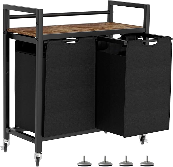 Laundry Hamper, Laundry Basket, Laundry Sorter with 2 Removable Bags, Clothes Basket with 2 Compartments, Wheels, Shelf for Laundry Room Bathroom Bedroom (2 Bags-Black)-Ruum Studio Home