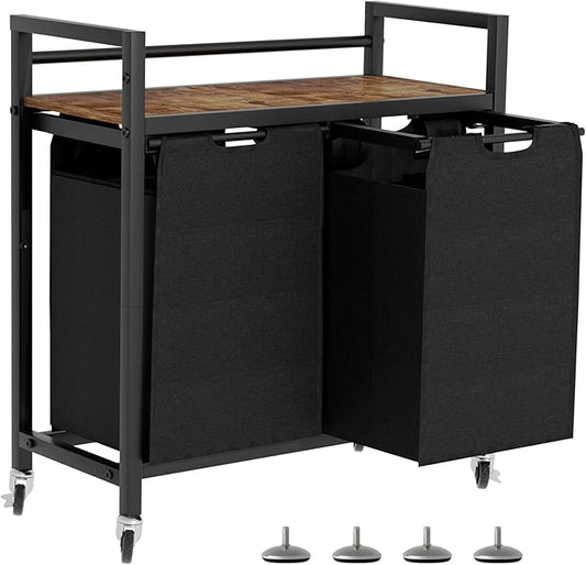 Laundry Hamper, Laundry Basket, Laundry Sorter with 2 Removable Bags, Clothes Basket with 2 Compartments, Wheels, Shelf for Laundry Room Bathroom Bedroom (2 Bags-Black)-Ruum Studio Home