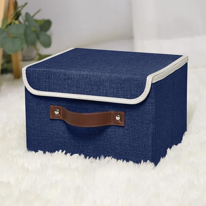 ANMINY 4PCS Storage Bins with Lid PU Leather Handles Storage Boxes PP Plastic Board Decorative Foldable Lidded Cotton Linen Fabric Home Cubes Baskets Closet Organizer Containers - Blue, Small Size-Ruum Studio Home