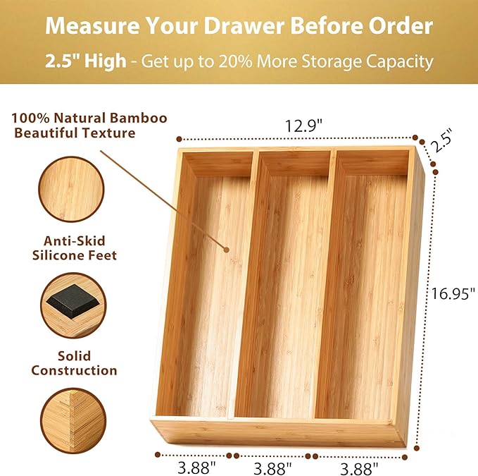Umilife Bamboo Kitchen Utensils Organizer, 13 Inch Drawer Dividers for Silverware, Extra Deep Holder, with Non-Slip Feet, Wood Caddy for Flatware Cutlery-Ruum Studio Home