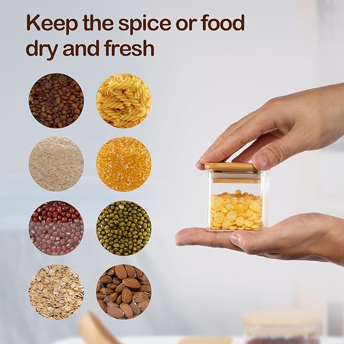 5oz Airtight Square Spice Containers with Bamboo Lid Set of 12 with Black Lables Storage Stackable Spice Jar, Kitchen Canister for Sugar, Tea, Flour, Salt and Seasonings (‎Clear Glass)-Ruum Studio Home