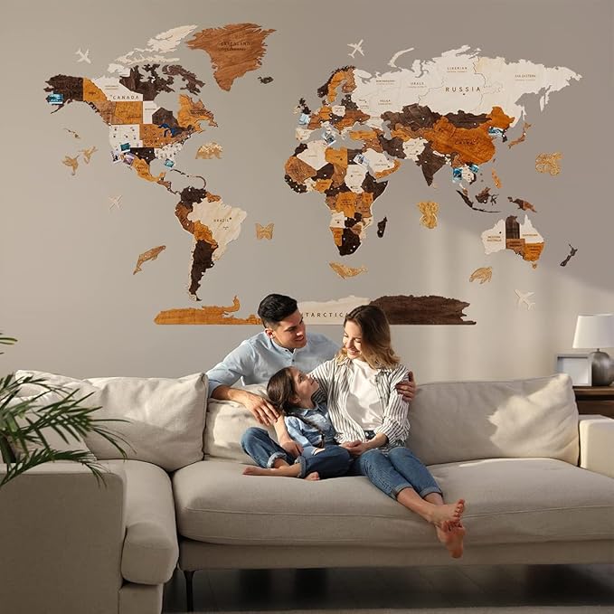 HYPERI Multilayered 3D Wooden World Map Wall Decor, Wood Art Wall Decor, Mapa Mundi Para Pared, World Maps and Push Pins, Valentine's Day Gifts For Dad, Mom, Boss, Husband, Wife (Large)-Ruum Studio Home