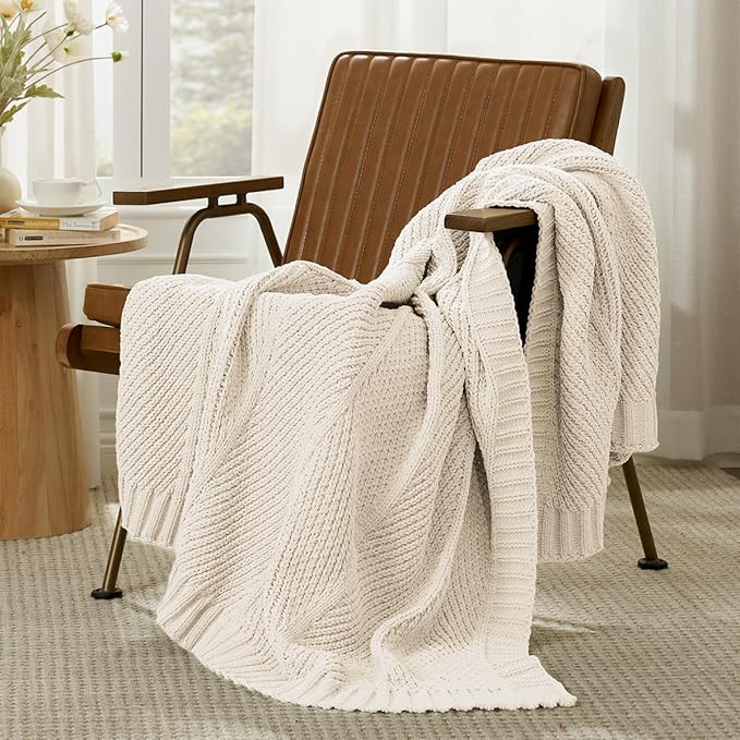 Amélie Home Chenille Knit Throw Blanket for Couch, Chevron Texture Decorative Soft Blanket for Sofa, Bed & Chair, 60"x80", Ivory-Ruum Studio Home