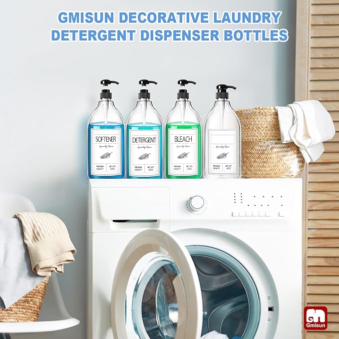 GMISUN Laundry Detergent Soap Dispenser, Liquid Laundry Detergent Dispenser, Container for Farmhouse Room Decor, Organizer for Liquid DetergentSoftenerBleach Storage Bottle(64 Oz Set of 4)-Ruum Studio Home