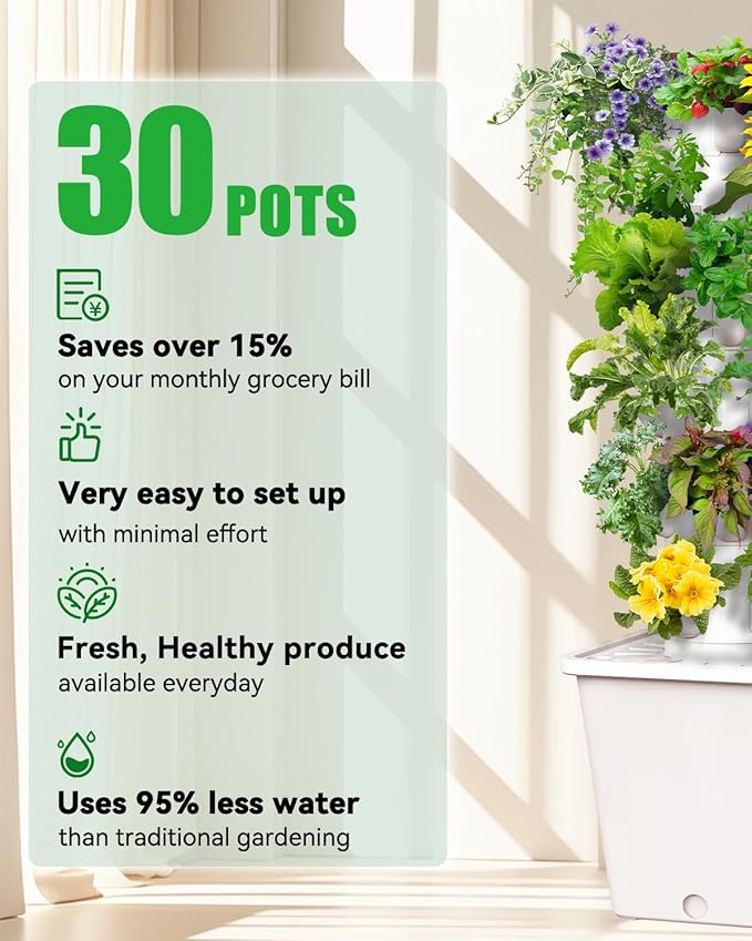 Vertical Hydroponics Growing System Kit, Indoor Outdoor Gardening System Kits, Herb & Fruits Growing Tower, 6 Layer 30 Pods-Ruum Studio Home