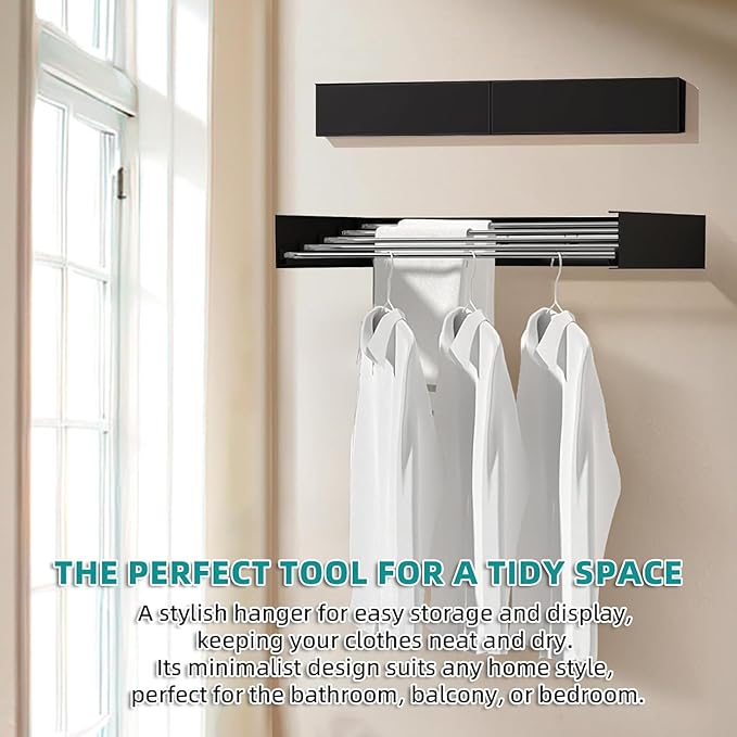 Laundry Drying Rack Collapsible, Wall Mounted Clothes Drying Rack. 39.37" Wide, 19.3 Linear Ft, 5 Aluminum Rods, with Wall Template, Screwdriver Bit (Black 1M)-Ruum Studio Home