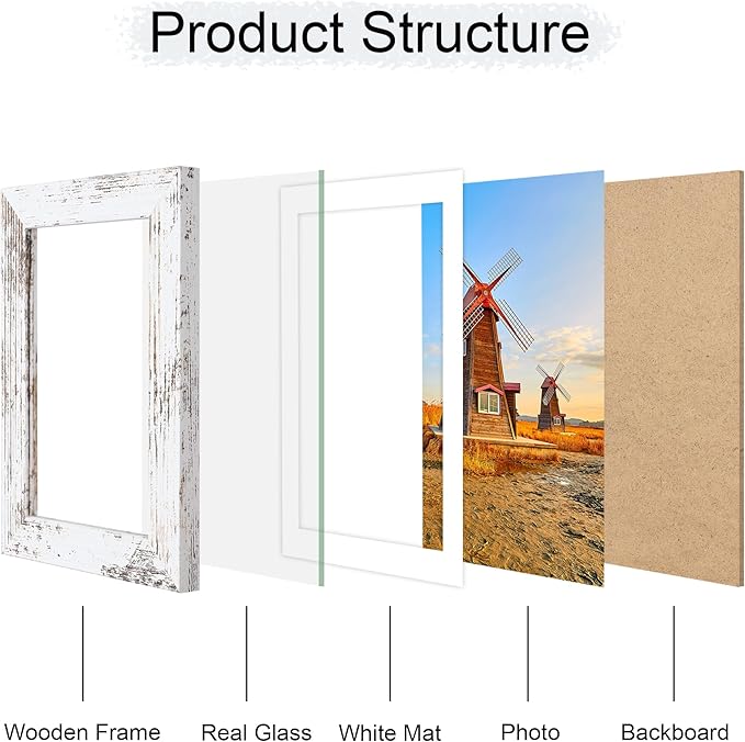 4x6 Picture Frame Set of 4, 4 x 6 Wood Photo Frames with Mat for 3.5x5, Rustic Natural Wooden Frame with Real Glass Cover for Wall and Tabletop Display,Distressed White-Ruum Studio Home