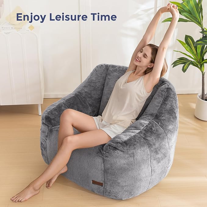 MAXYOYO Bean Bag Chair, Comfy Bean Bag Sofa with Back Support, Faux Fur Bean Bag Chair for Adults and Kids, Stuffed Floor Sofa for Living Room, Bedroom, Apartment, Grey-Ruum Studio Home