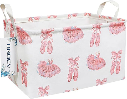Rectangular Folding Laundry Basket,waterproof Canvas Basket,gift basket,Suitable for children's room,Office,Clothes,Toys Storage(Pink lace dance shoes)-Ruum Studio Home