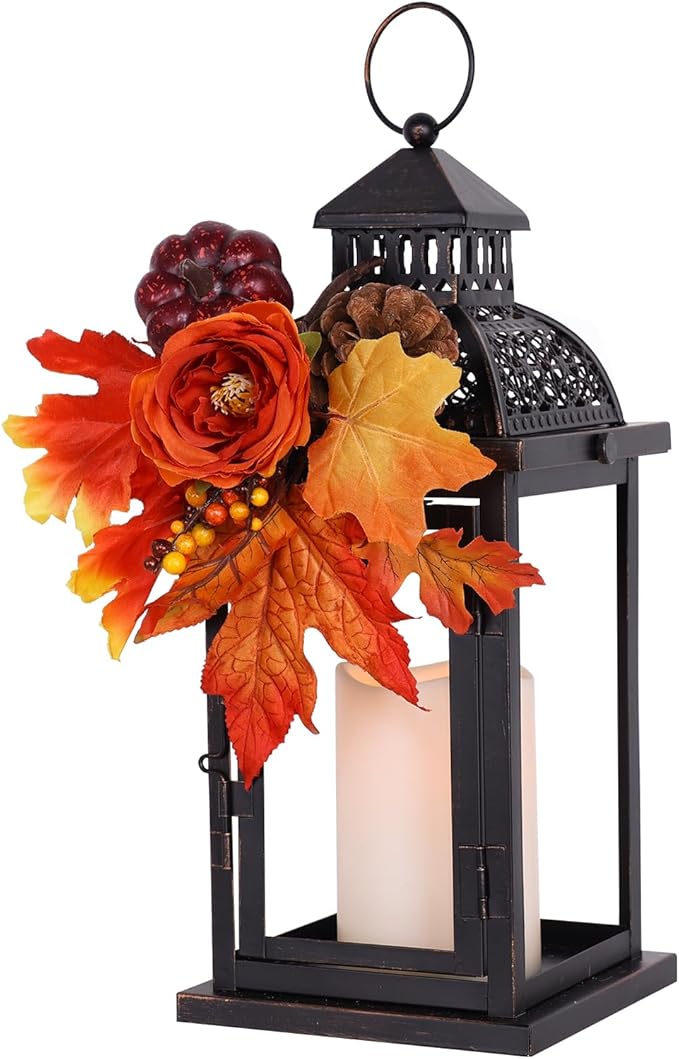 NEEDOMO Fall Decorations for Home, 15'' Fall Lantern Indoor Outdoor Thanksgiving Decor, Vintage Metal Hanging Candle Holders with Fall Teardrop Wreath and LED Candle for Patio, Porch, Table-Ruum Studio Home