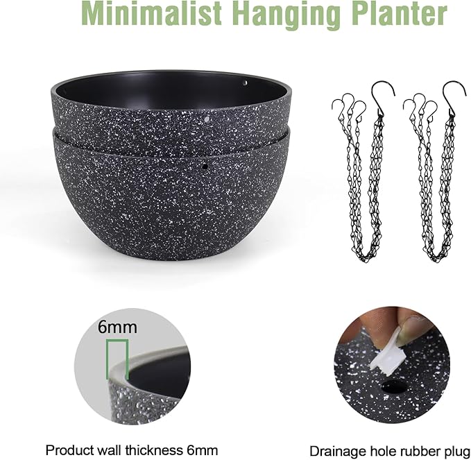 10 inch Hanging Planters for Indoor Outdoor Plants, 2 Pack Hanging Flower Plant Pots with Drainage Holes and Chain for Garden Porch, Plastic Hanging Baskets for House Plants, Speckled Black-Ruum Studio Home