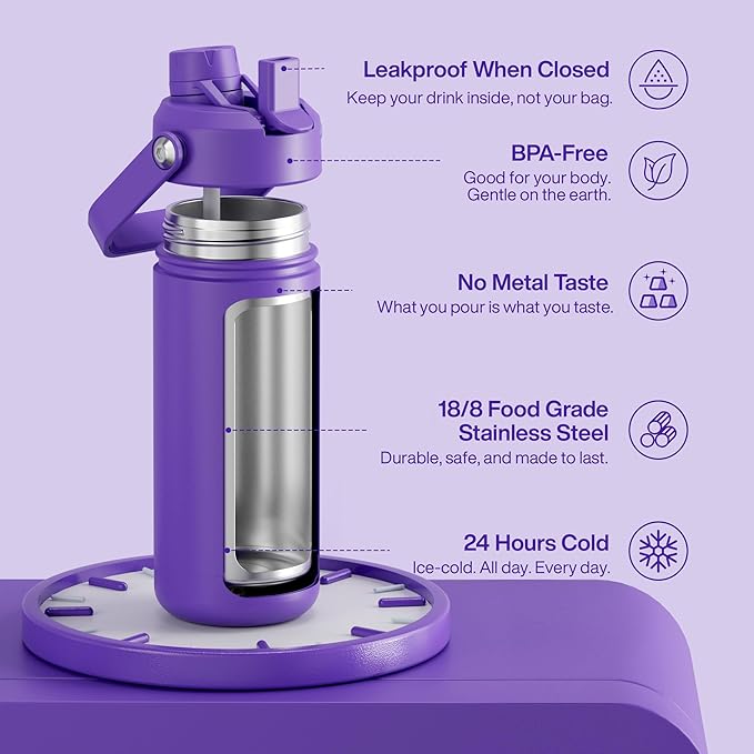 Insulated Water Bottle with Straw Stainless Steel Water Bottle, Leak-Proof, BPA-Free, Double Wall Vacuum Keeps Cold for 24 Hours for Sports, Travel, School (18 oz, Violet)-Ruum Studio Home