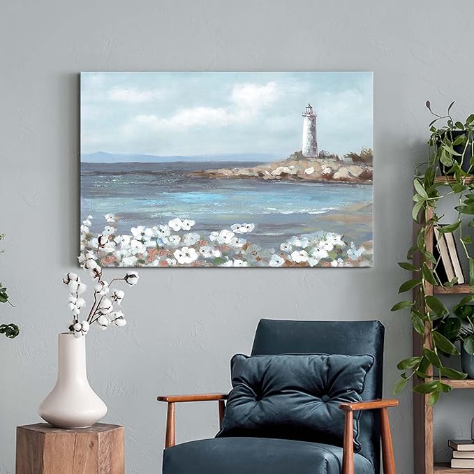 cozy country Lighthouse Wall Art 36"x24" - Coastal Pictures Beach Canvas Ocean Decor - Nautical Artwork Seascape Hand Painting for Bedroom, Sea House-Ruum Studio Home