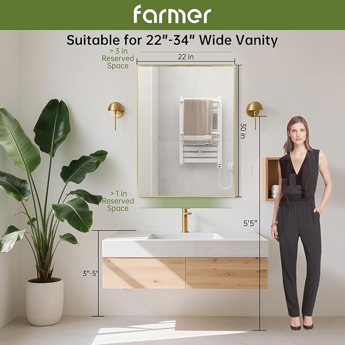 FARMER 22x30 Inch Gold Bathroom Mirror, Rectangle Wall Mounted Mirror, Vanity Mirror, Brushed Square Mirror, Framed Bathroom Mirror for Bedrooms, Entryways, Living Rooms, Horizontal/Vertical-Ruum Studio Home