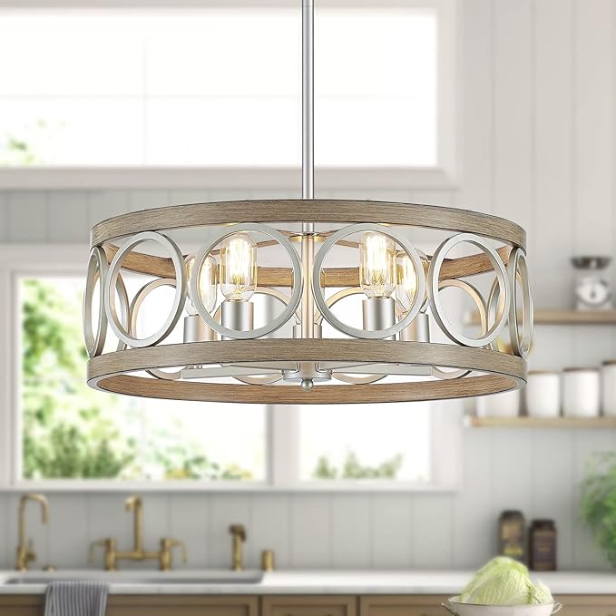 XINGQI 21.7'' Modern Farmhouse Chandelier Drum Pendant Lighting Fixture Hanging Ceiling Lamp for Living Dining Room Over Table, 5 Lights Antique Wood Grain Brushed Nickel with Round Metal-Ruum Studio Home