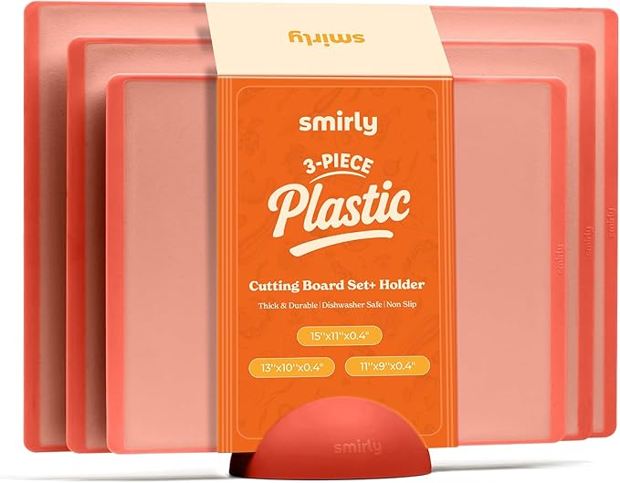 SMIRLY Plastic Cutting Board Set with Holder 3 Pieces, Non-Slip Dishwasher Safe Chopping Boards for Kitchen, Pink-Ruum Studio Home