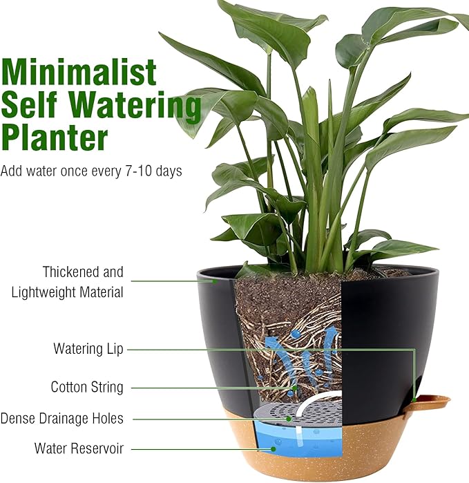 10/9/8 inch Medium Self Watering Pots, Planter, Plant Pots with Mesh Drainage Holes for Indoor Outdoor Garden Plants, Plastic Flower Pots with Removable Deep Reservoir, Black with Brown-Ruum Studio Home