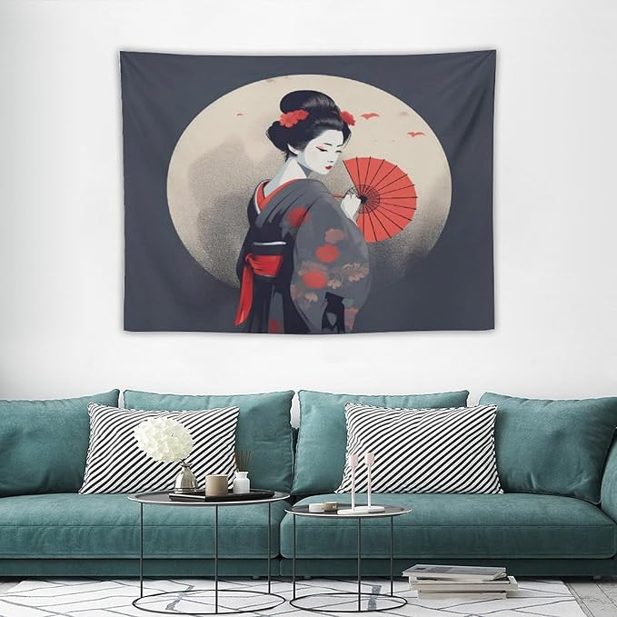 Japanese Woman Geisha Tapestry Asian Red Cherry Blossom Red Sun Traditional Kimono Folk Tapestries Home Decor for Living Room Bedroom Apartment Farmhouse Dorm 40"x30"-Ruum Studio Home