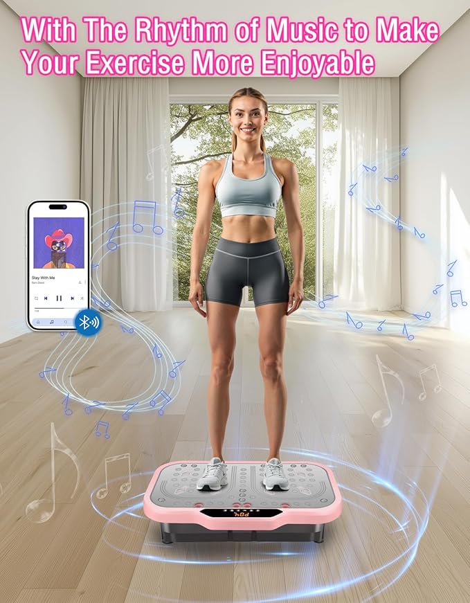 Vibration Plate Exercise Machine, Vibrating Fitness Platform Whole Body Shake Board Workout Equipment Fat Burner Vibrate Stand with Bluetooth Resistance Bands for Women Men Home Sport Gym-Pink-Ruum Studio Home