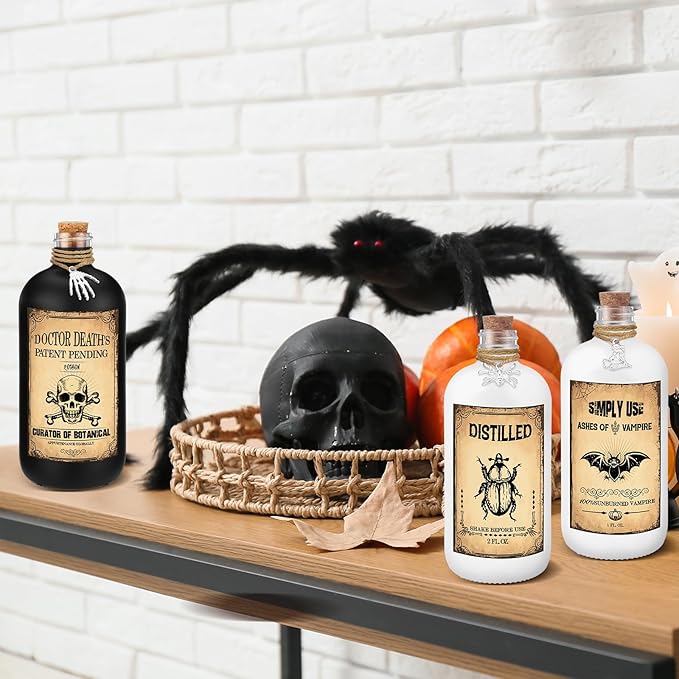 Uiifan 31 Pcs Halloween Potion Bottles Set Including Glass Apothecary Bottles with Cork Stickers and Pendants Halloween Decorations Indoor Party Supplies(White, Black,8.5 oz)-Ruum Studio Home