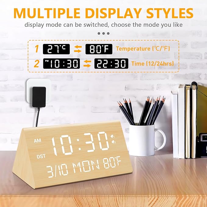 Kogonee Wooden Digital Alarm Clock, 0-100% Dimmer, 2 Alarm Settings, Weekday/Everyday Mode, 9 Mins Snooze, 12/24H, Temperature and Date Display for Office, Travel, Bedroom Alarm Clock (Bamboo)-Ruum Studio Home