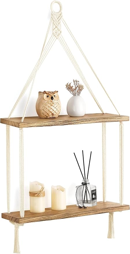 Mkono Macrame Hanging Shelf Boho Wall Decor 2 Tier Handmade Cotton Rope Rustic Wood Floating Shelves Display Photos Plants Hanging Storage Shelving for Living Room Nursery Bathroom Bedroom-Ruum Studio Home