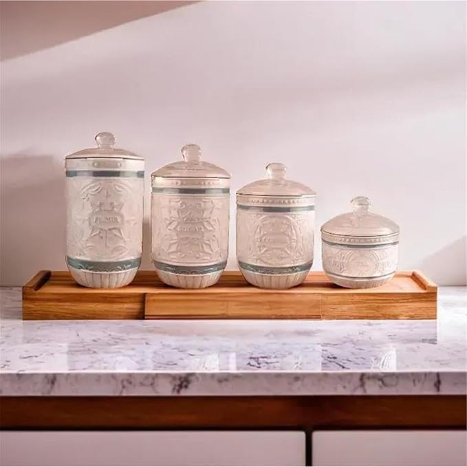 Young's Inc. 4 Pcs Set Casual Provincial Ceramic Canisters- Storage Container for Kitchen and Bathroom - Beautiful Home Decor Accent to Store Food, Coffee, Tea, and More - Green, White-Ruum Studio Home