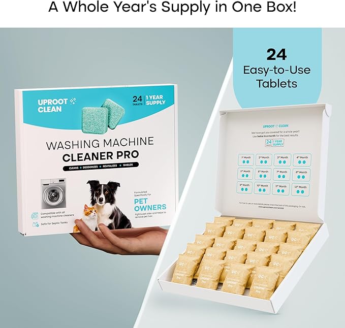 Uproot Clean Washing Machine Cleaner Tablets - 24 Pack for a 12 Month Supply. Formulated for Pet Owners. Compatible with HE, Top & Front Load. Easily Removes Residue, Grime, and Odors. Septic Safe.-Ruum Studio Home