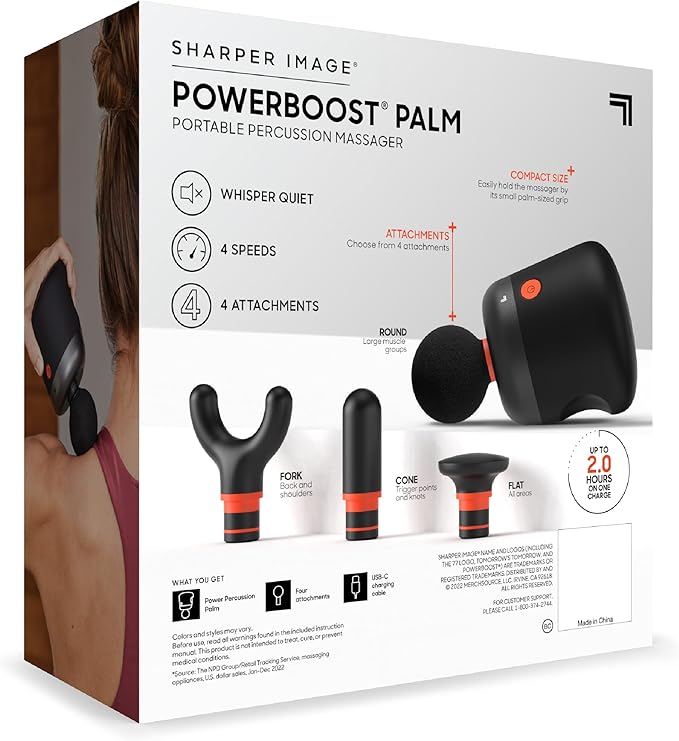 Sharper Image® Powerboost® Palm Portable Percussion Massager - 4 Attachments, 4 Speeds| Compact Full Body Back & Shoulder Mini Massage Gun| Deep Tissue Muscle Soreness Recovery| Wellness Gift-Ruum Studio Home