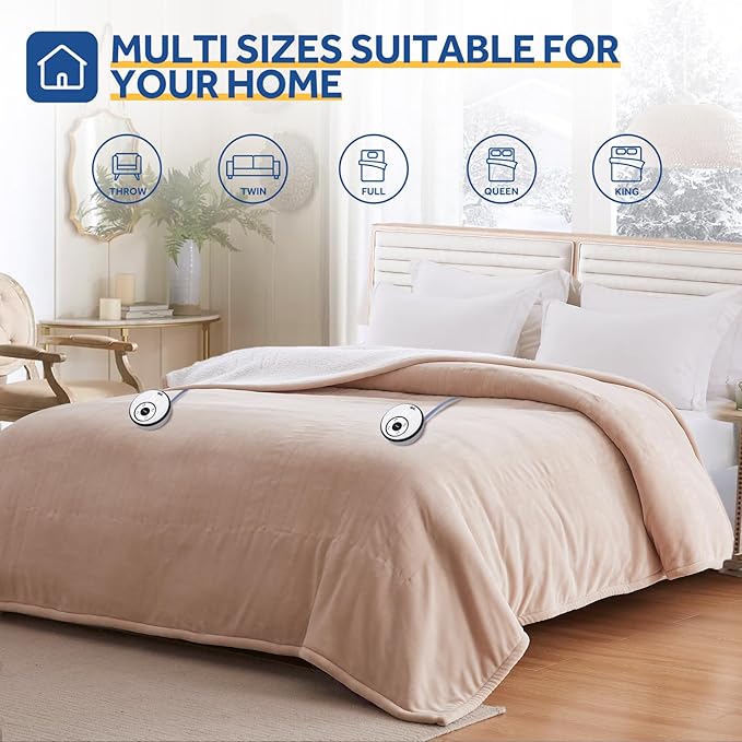 Sealy Electric Blanket Queen 84"*90",Super Cozy Flannel to Sherpa Reversible Heated Blanket Queen Size with 10 Heating Levels & 1-12 Hours Auto Off Overheating Protection Machine Washable,Beige-Ruum Studio Home