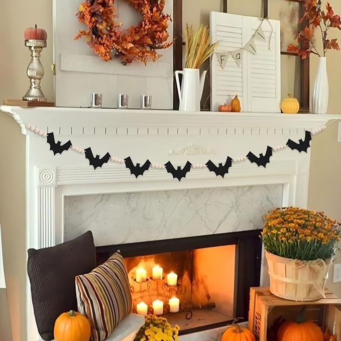 2 Packs Halloween Decorations Garland, Felt Bats Halloween Decor Banner with Wood Beads for Fireplace Mantel Fireplace Home Indoor-Ruum Studio Home