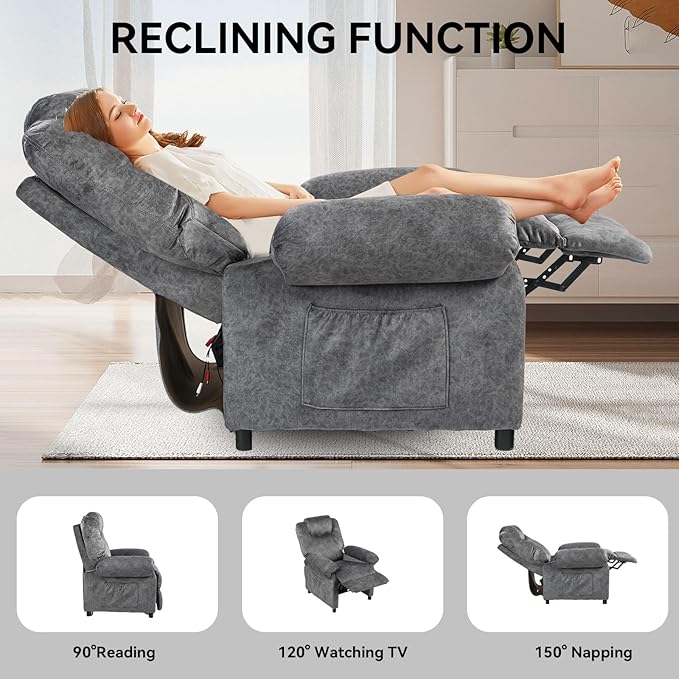 KCREAM Massage Recliner Chair with Heating,Overstuffed Fabric Reclining Chairs for Living Room,Small Recliner Manual Reclining Single Sofa Recliners Lounge Chair,Grey-Ruum Studio Home