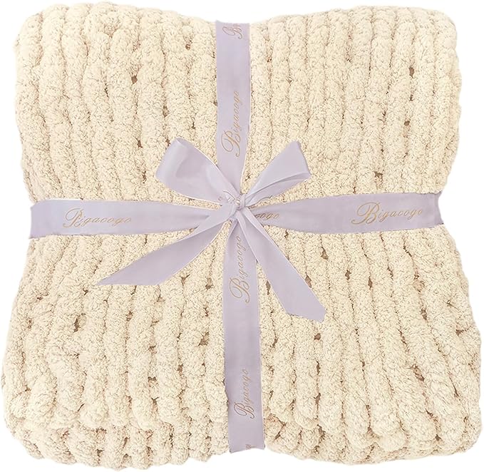 Bigacogo Chunky Knit Throw Blanket for Couch, 80x90 inches, 100% Hand Knitted with Thick Jumbo Chenille Yarn, Cozy Soft Large Rope Knot Cable Crochet Blankets for Sofa Bed Living Room, Beige-Ruum Studio Home