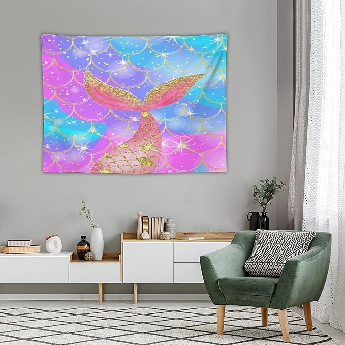 HZOHNAGO Mermaid Scales Tapestry Colorful Shiny Scales Mermaid Tail Pattern Printed Wall Tapestry Wall Hanging for Bedroom Living Room Dorm 40" W x 30" H-Ruum Studio Home