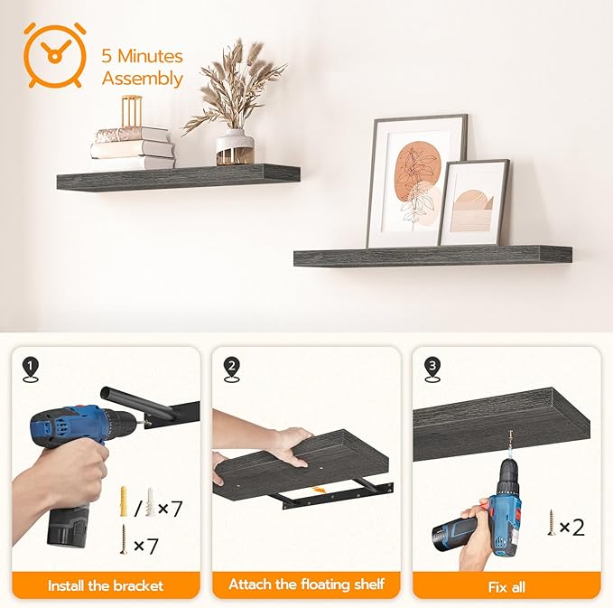 HOOBRO Floating Shelves for Wall, Wall Mounted Shelf Set of 2, 23.6" Hanging Shelf with Invisible Brackets, for Wall in Bathroom, Bedroom, Toilet, Kitchen, Living Room, Office, Charcoal Gray BC60BJ01-Ruum Studio Home