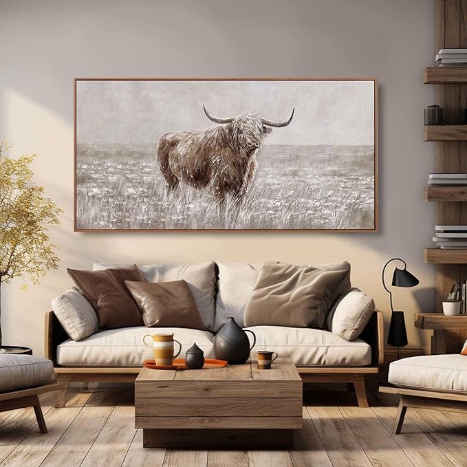MLART99 Vintage Brown Highland Cow Painting Farmhouse Wall Art with Frame Country Decor Animal Poster for Living Room Bedroom Decor Ready to Hang 24x48-Ruum Studio Home