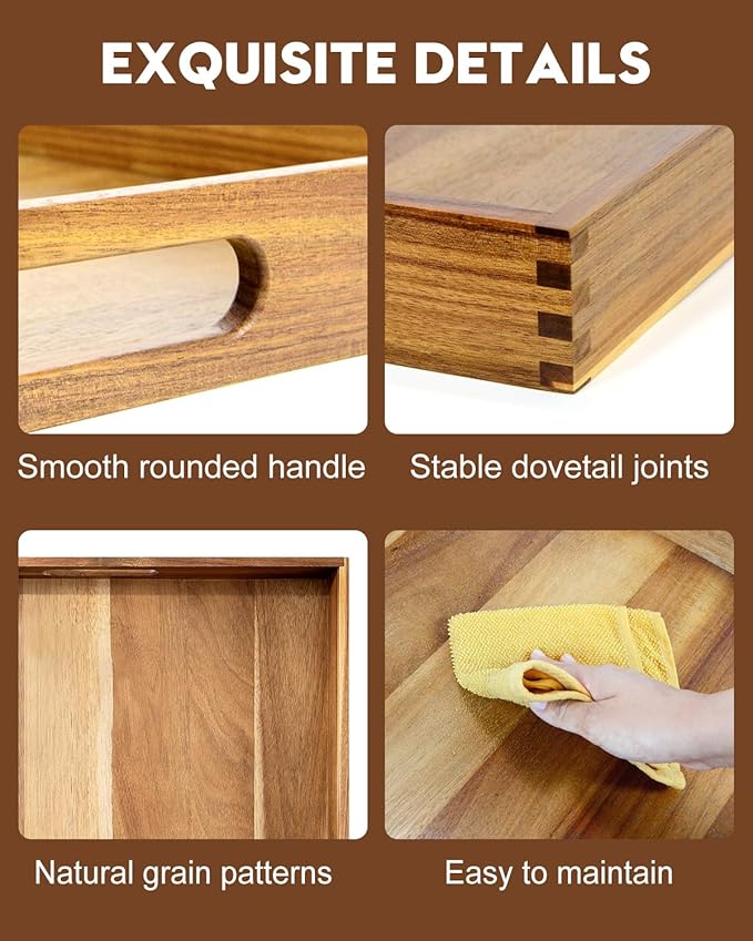 22 Inches Square Acacia Wood Ottoman Tray, Extra Large Wooden Serving Tray with Handles for Living Room, Serving Food Breakfast, Ottoman Coffee Table Couch Sofa Kitchen-Ruum Studio Home