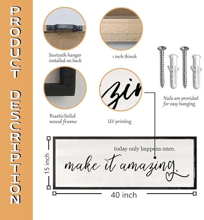 RLWangChao Today Only Happens Once Make It Amazing Wall Art Decor 40x15 Inch Large Inspirational Quote Sign Rustic Living Room Vintage Wood Frame Office Motivational Home Wall Hanging (Black)-Ruum Studio Home