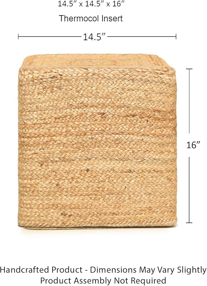 REDEARTH · Cube Pouf Foot Stool Ottoman - Jute Braided Pouffe Poof Accent Sitting Footrest for The Living Room, Bedroom, Nursery, Patio, Lounge & Other Rooms in The Home (14.5”x14.5”x16”; Natural)-Ruum Studio Home