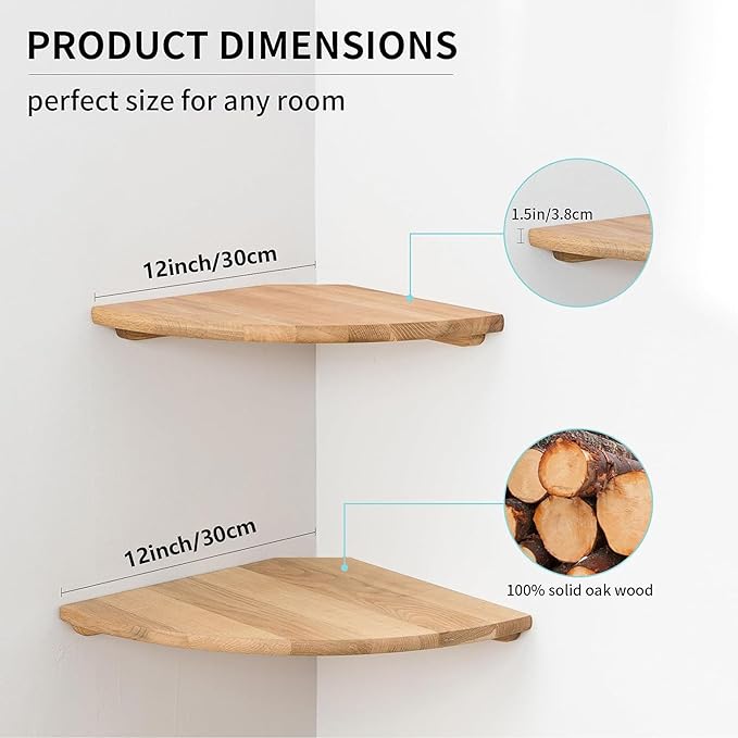 Corner Shelves, Floating Corner Shelf, Set of 2 12inch Solid Oak Wood Wall Shelves, Round End Wall Mount Display Shelf with Wire Hole for Bedroom Kitchen, Living Room-Ruum Studio Home