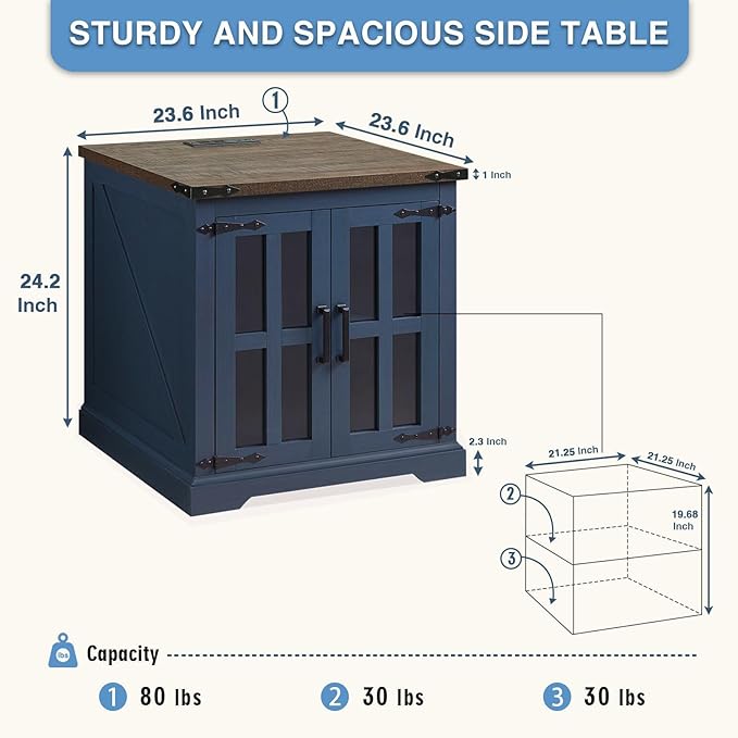 Farmhouse End Table with Charging Station,24" Large Sofa Side Table with Glass Barn Door, Rustic Wood Nightstand Bedside Table with Adjustable Storage Shelf for Living Room, Bedroom, Blue-Ruum Studio Home