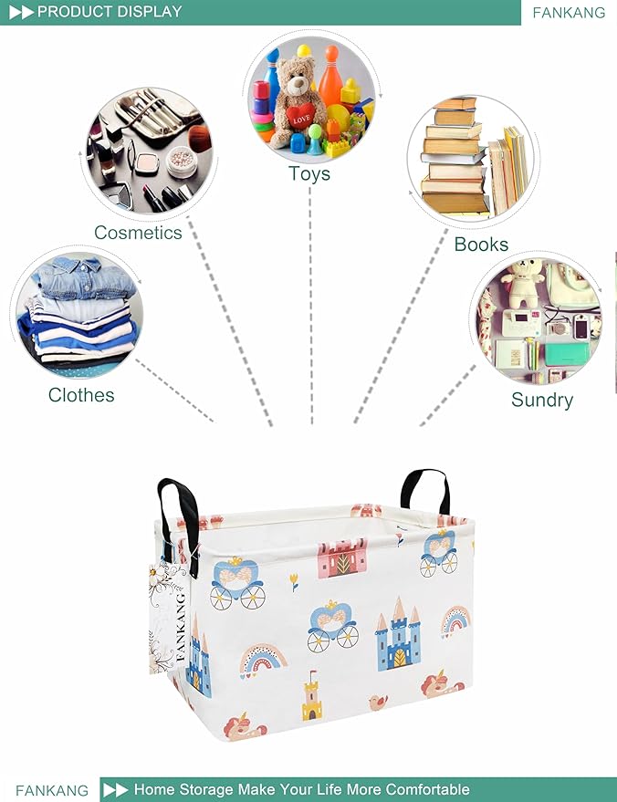 FANKANG Storage Bins, Nursery Hamper Canvas Laundry Basket Foldable with Waterproof PE Coating Large Storage Baskets for Kids Boys and Girls, Office, Bedroom, Clothes,Toys(Rec-castle carriage ）-Ruum Studio Home