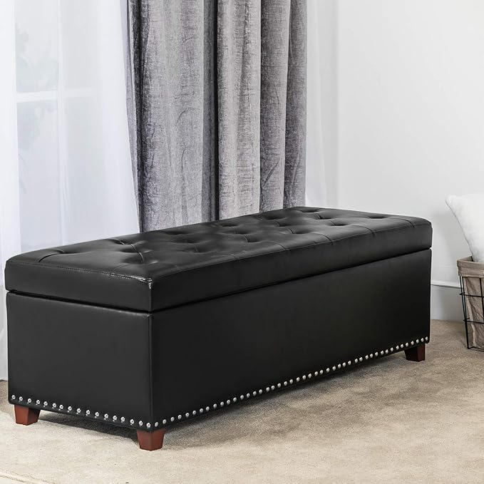 Joveco 47 Inch Storage Ottoman Bench,Tufted Leather Storage Bench with Nailhead Trim for Bedroom (47”,Black)-Ruum Studio Home